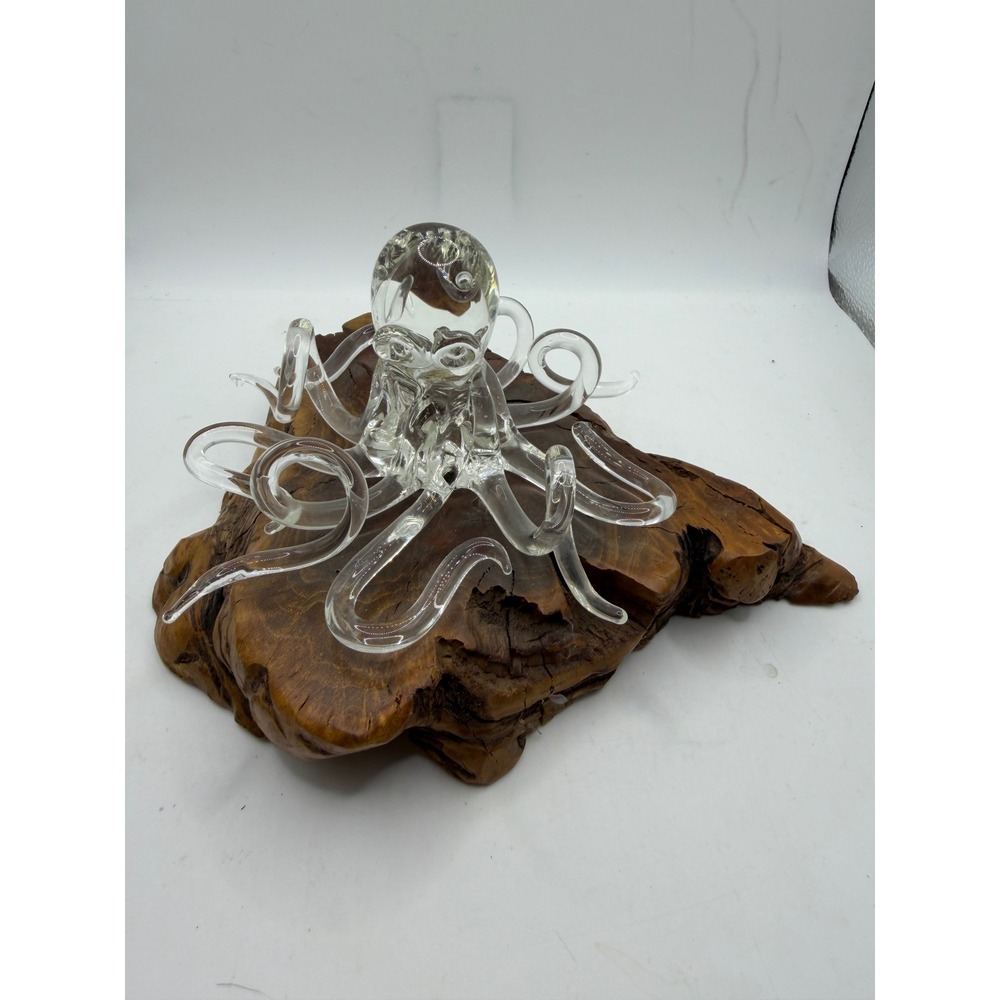 Hand Blown Glass Octopus Sculpture on Natural Teak Wood Base Nautical Decor